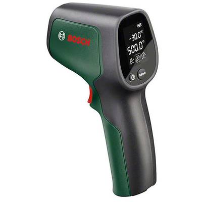 Boschs infraröda termometer med LCD-display visar en temperaturintervall från -30°C till 500°C.