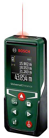 Laser-avståndsmätare visar mätvärden: 15,902 m, 18,553 m, 21,203 m. Markering 'UniversalDistance'.