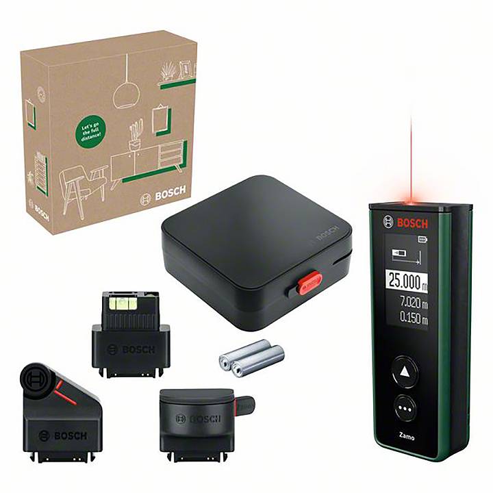 'Bosch Zamo' lasermätare-set: Innehåller lasermätare, låda, batterier och adapter. Mäter avstånd och beräknar ytor.
