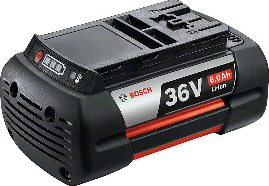 Bosch 36V Li-Ion batteri med 6.0Ah kapacitet, svart hölje, visar laddningsnivå med femstegs LED-indikator.