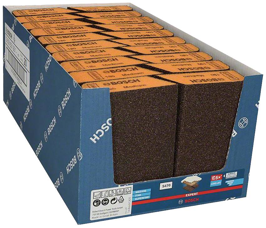 Kartong med Bosch-slippapper, radade upp i en blå förpackning.