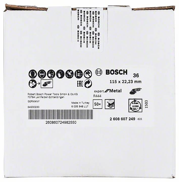 Vit förpackning med svart text: Bosch, 115 x 22,23 mm, 50 stycken, Tillverkad i Turkiet. EAN-nummer: 260860724982550.