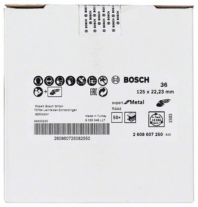 En vit förpackning med Bosch-logotyp och produktinformation. Innehåller uppgifter som '125 x 22,23 mm' och 'Made in Turkey'.