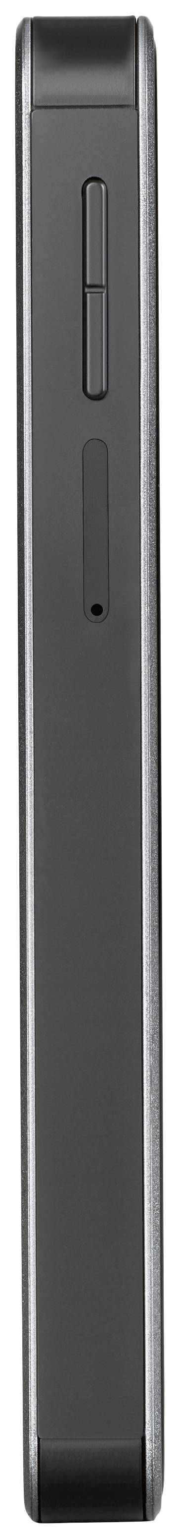 En sidoprofil av en smal, svart smartphone med två sidoknappar och ett fack på höger sida.