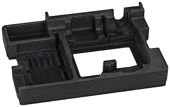 En svart plastfäste med olika nedsänkta och upphöjda sektioner, sannolikt en del av en elektronisk enhet.