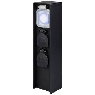 Svart utomhusuttag med två lock och ett blått LED-ljus på ovansidan. Lämplig för utomhusbruk.