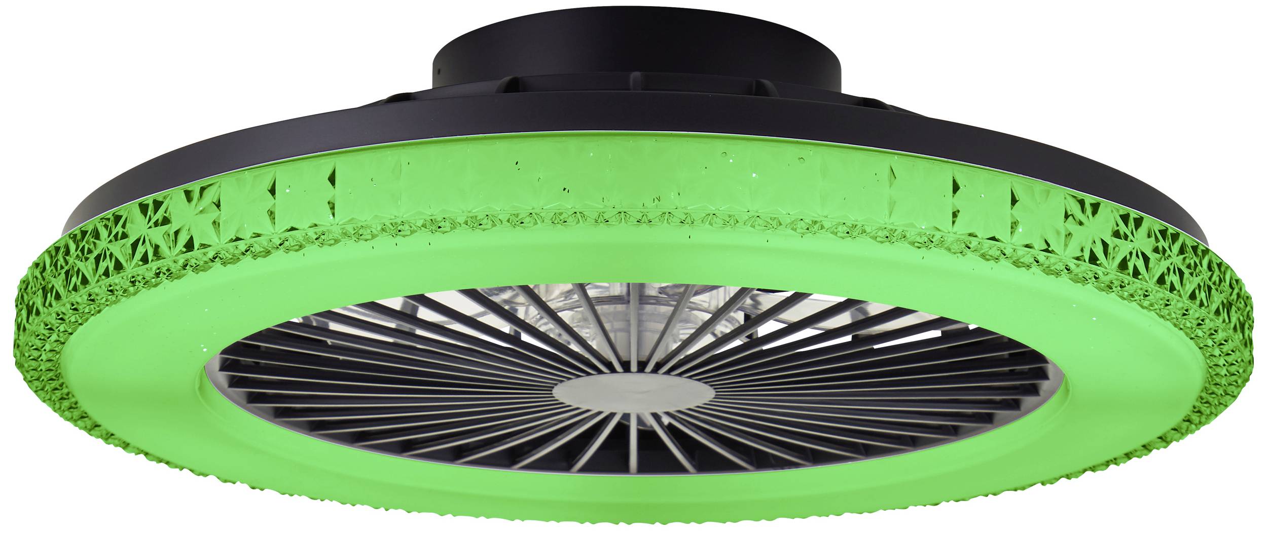 En rundad svart-grön UFO-LED-takfläkt lyser i ett ljust grönt sken. Den har en modern design med en gallerkonstruktion.