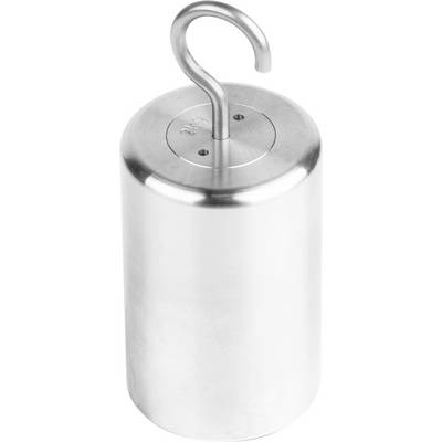 Metallviktcylinder med krok, vanligt förekommande i laboratorier för kalibrering av vågar. Blank yta, ingen ytterligare märkning.