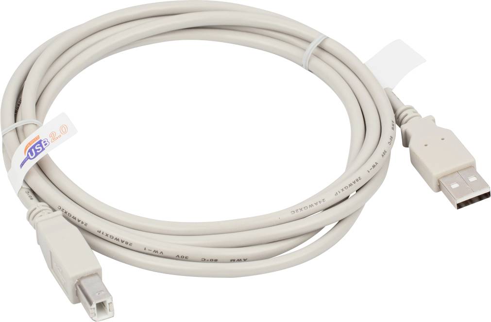 Ett beige USB 2.0-kabel med en Typ A-kontakt på ena sidan och en Typ B-kontakt på den andra sidan.