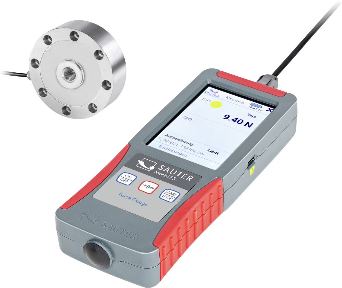 En digital kraftmätare med rund sensor, bredvid en enhet med skärm som visar 9,40 N. Märke 'Sauter'.