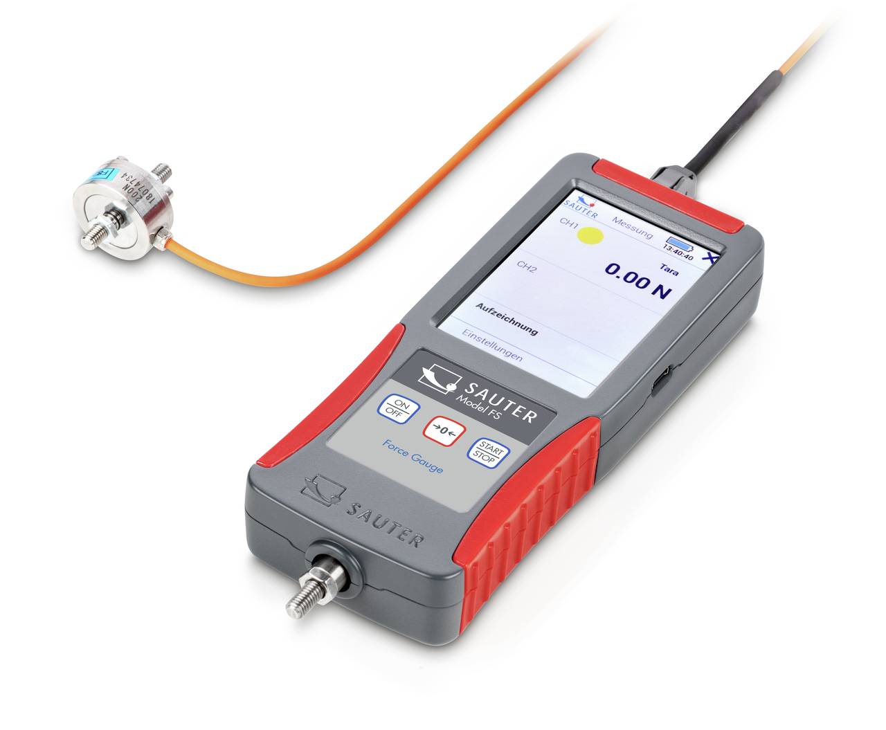 Ett digitalt kraftmätningsinstrument med display visar värdet '0,00 N'. Det är anslutet till en sensor och används för att mäta krafter.
