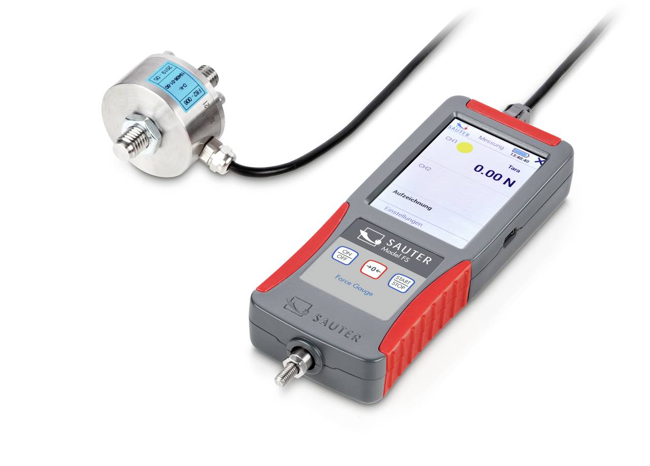Digitalt kraftmätningsinstrument med kabelsensor. Display visar '0.00 N'. Instrument från Sauter med kontrollknappar därunder.