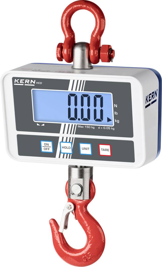 Digital hängvåg med stor display, visar '0,00 kg'. Röda krokar upptill och nertill, lämplig för laster upp till 150 kg.