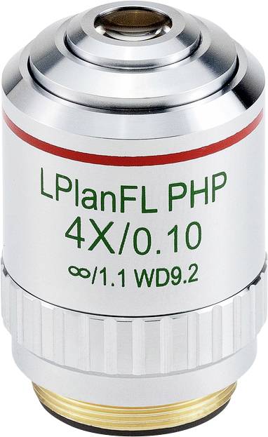 Mikroskopolobjektiv med texten 'LPlanFL PHP 4X/0.10 ∞/1.1 WD9.2', silverfärgat, cylinderformat, med röda och gröna markeringar.