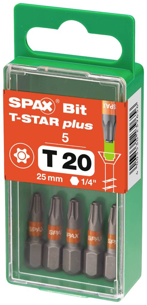 Ett paket med fem SPAX T-STAR plus bits, storlek T20, 25 mm långa. Förpackningen har ett genomskinligt fönster och en grön upphängningsanordning.