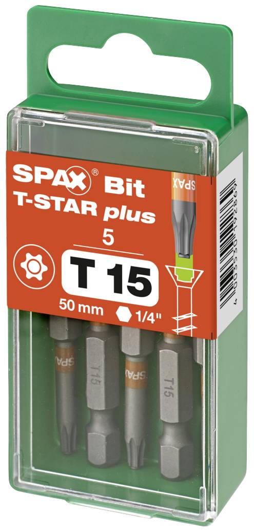 En grön plastförpackning med fem SPAX T-STAR plus bits, storlek T15, 50 mm längd. Förpackningspåskrift: 'T15 50 mm 1/4"'.