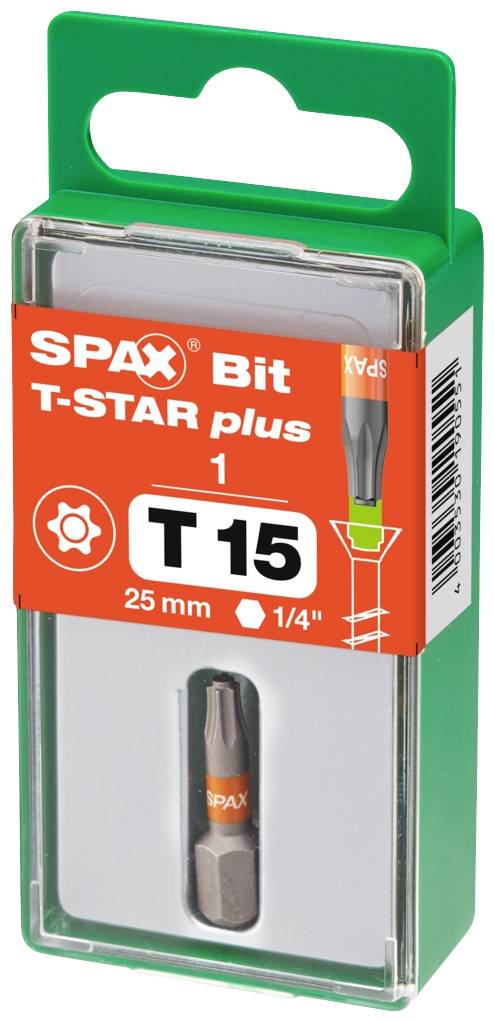 SPAX Bit T-STAR plus T15, 25 mm längd, i transparent förpackning med grönt lock.