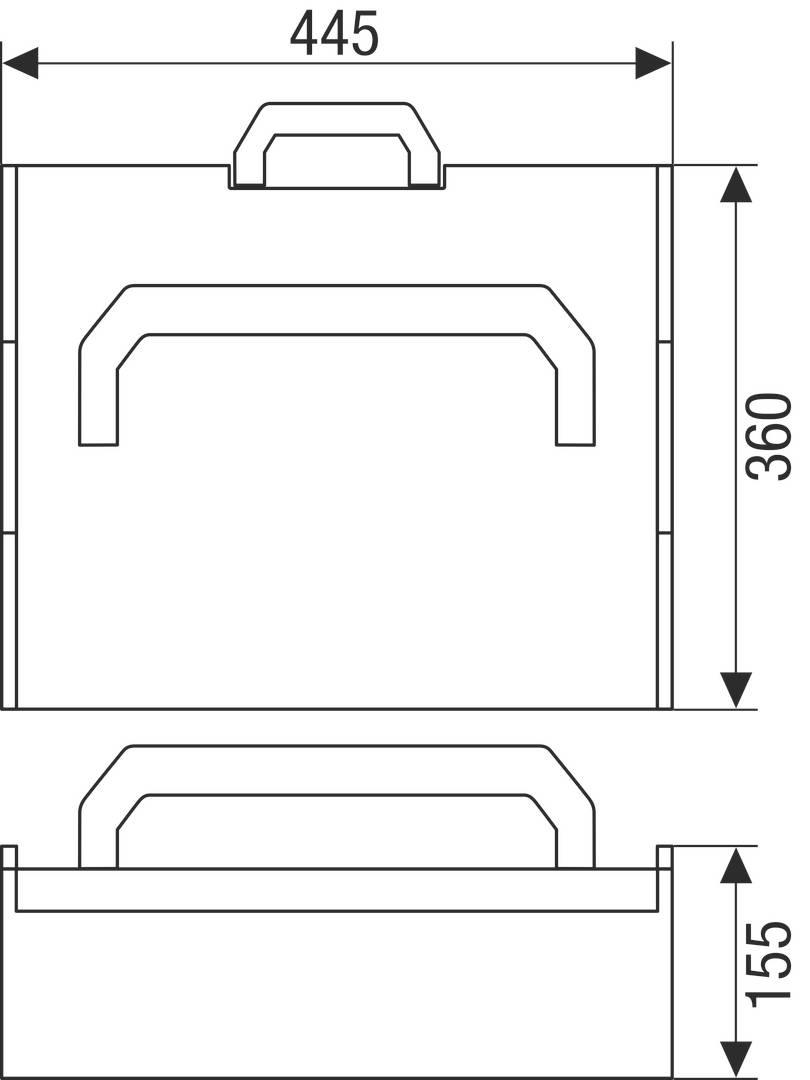 Teknisk ritning av en låda med handtag, dimensioner: bredd 445 mm, höjd 360 mm, djup 155 mm.