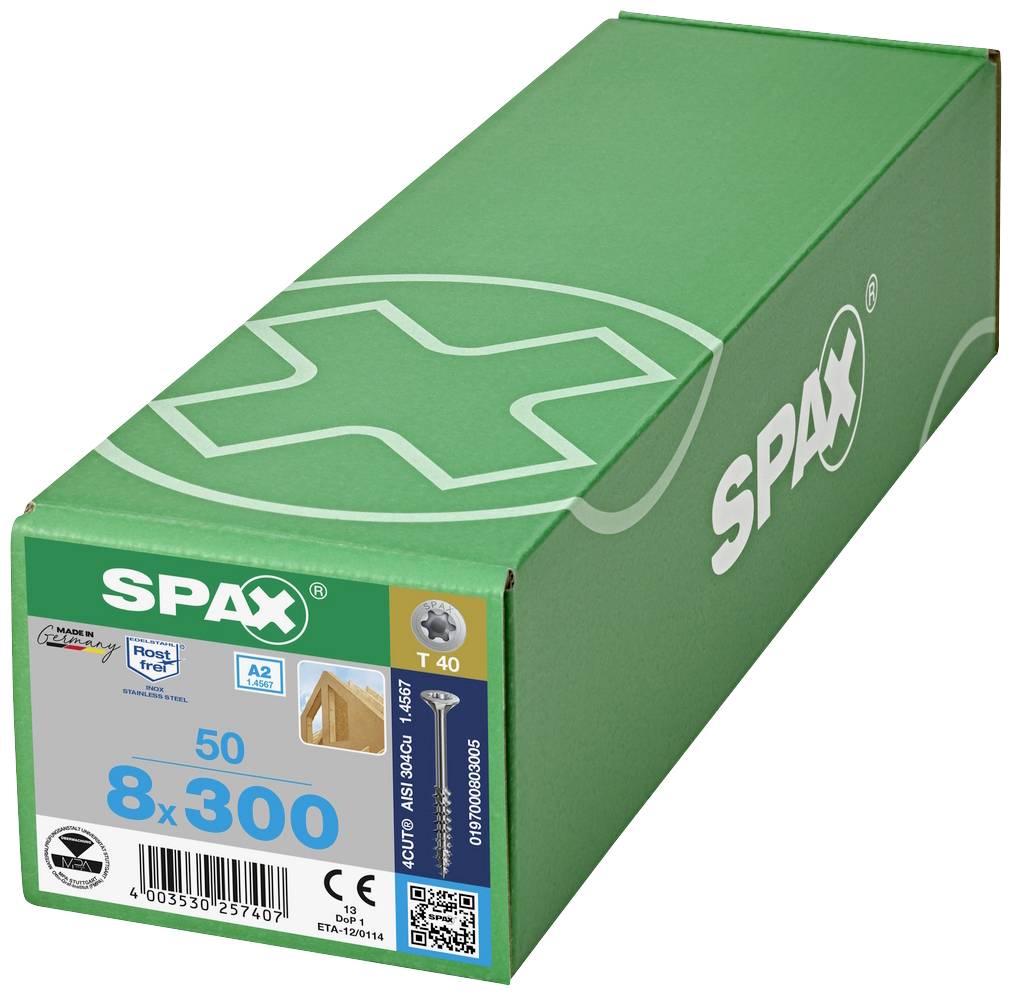 SPAX-skruvar, 8x300 mm, 50 stycken, kategori A2. Förpackning i grönt med SPAX-logotyp.