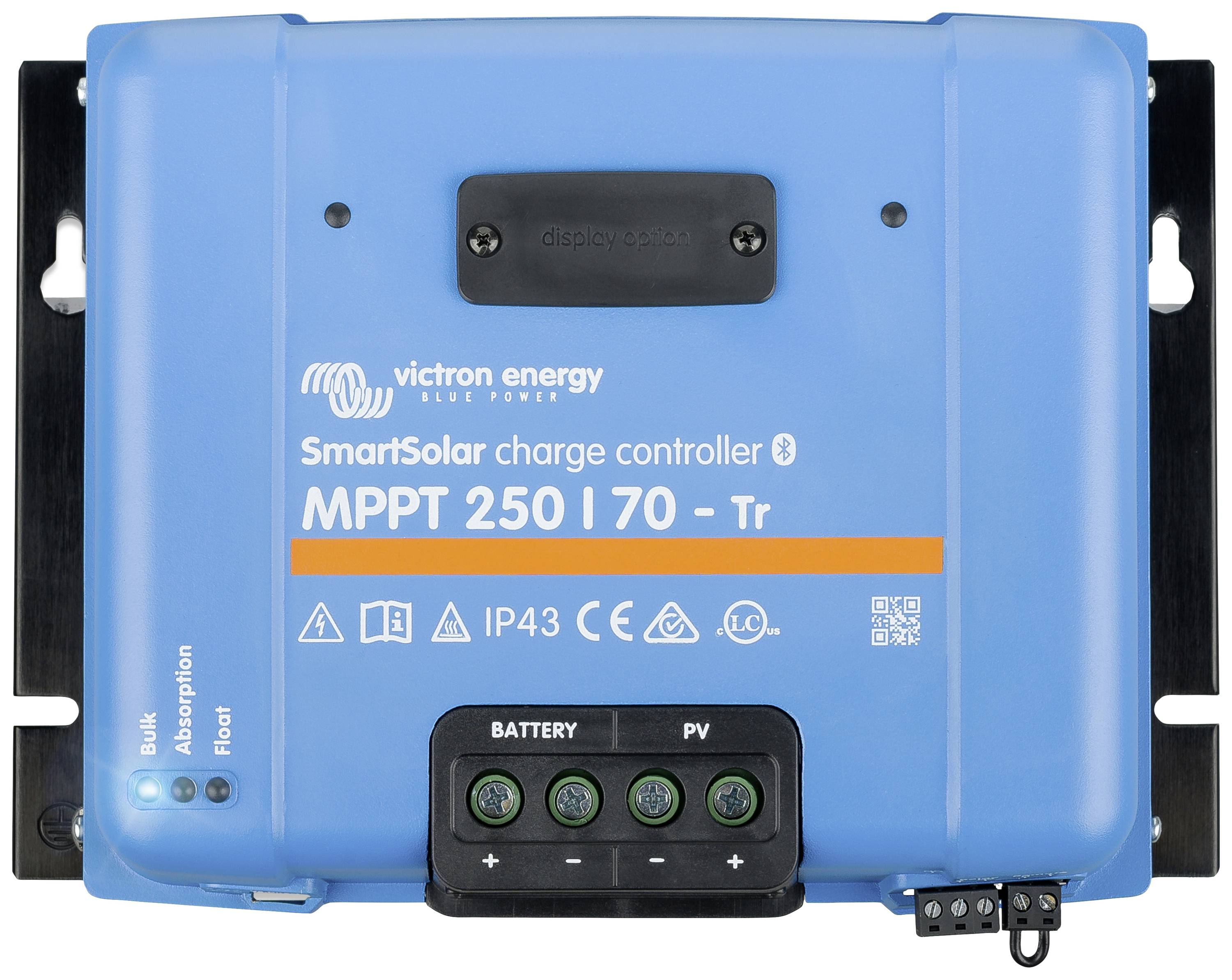 Blå Victron Energy Solar-laddregulator med texten 'SmartSolar charge controller MPPT 250/70 - Tr'. Anslutningar nedtill.