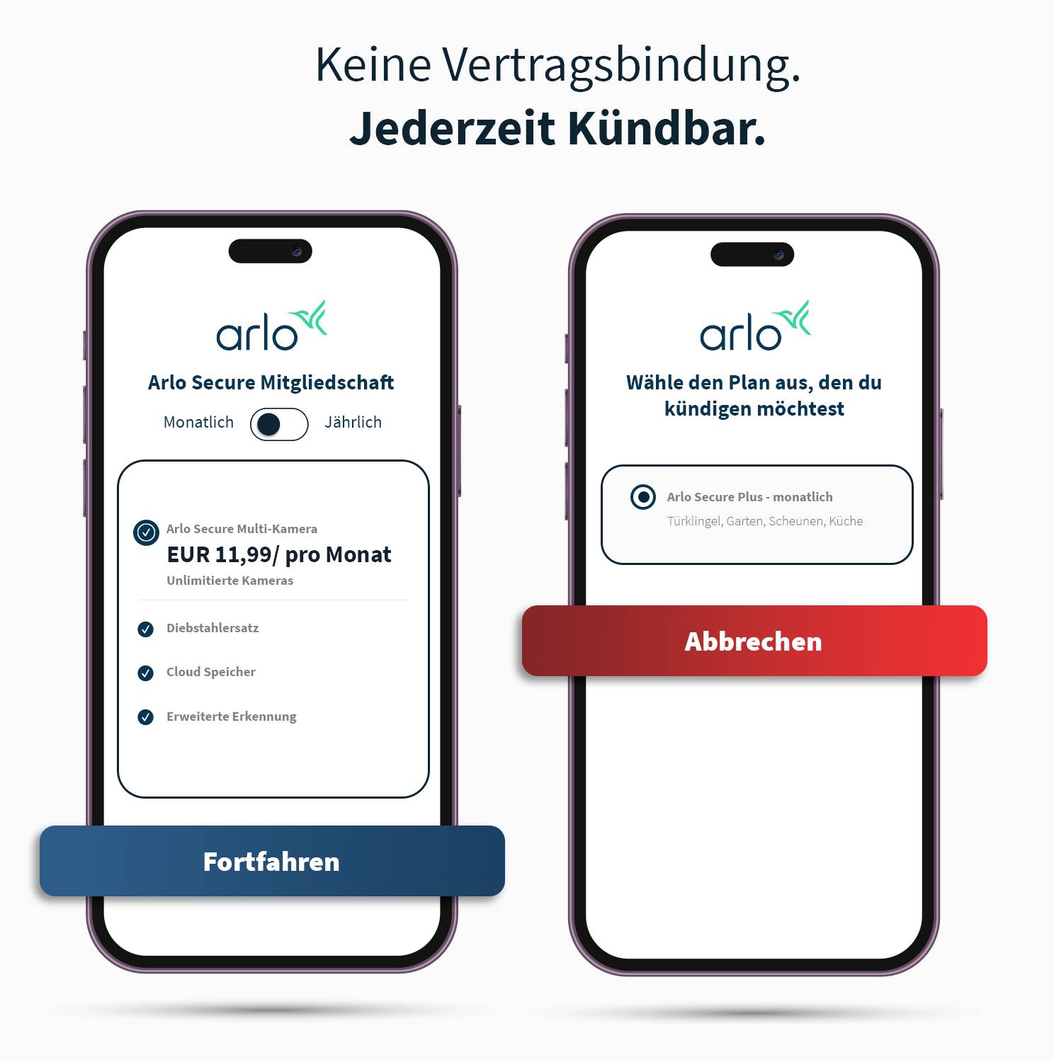 Två smartphones med Arlo-appen. Till vänster visas ett abonnemangsförslag på 11,99 EUR per månad. Till höger en avbokningsskärm. Färger: Blå, Röd. Text 'Ingen avtalsbindning. Kan sägas upp när som helst.' överst.