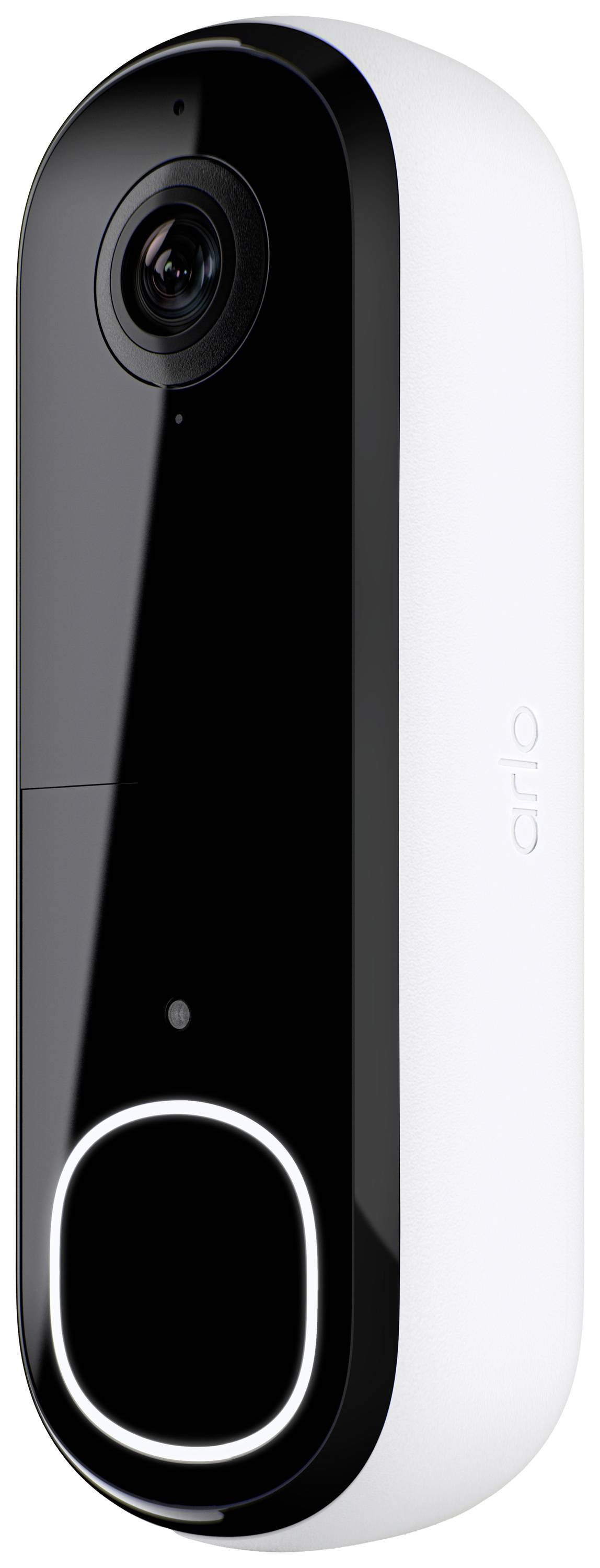 Videodörrklocka med kamera i modern design, svart framsida med cirkelformad knapp nedtill, vit vid sidan.