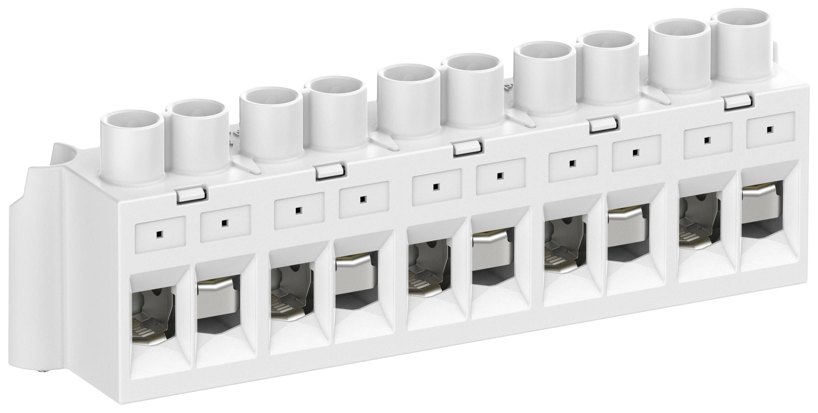 Vit elektrisk anslutningskontakt med åtta portar och en kompakt design.