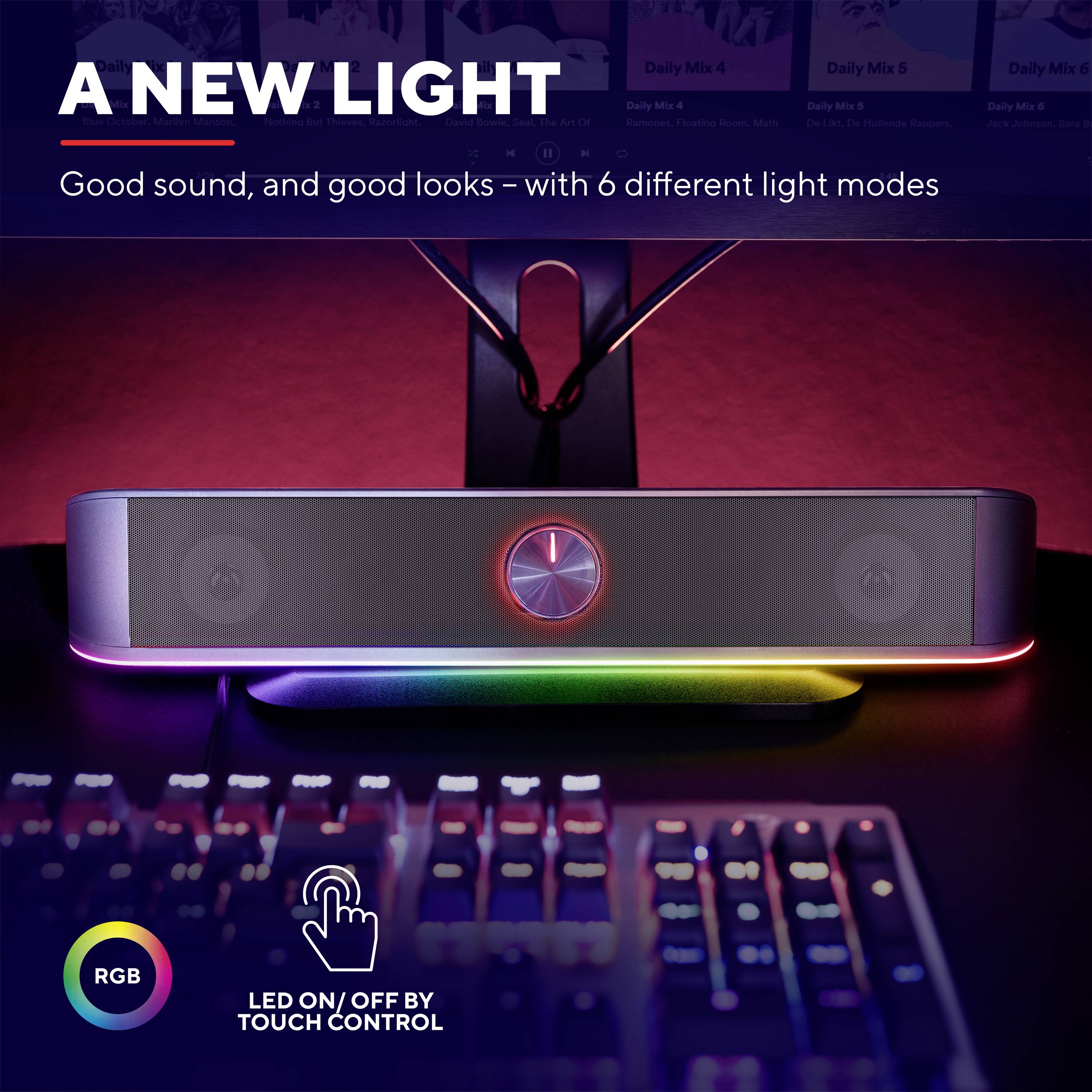 En hand rör vid en högtalare med LED-belysning, nedanför texten 'Varde ljus'. RGB-färger och pekstyrning framhävs.