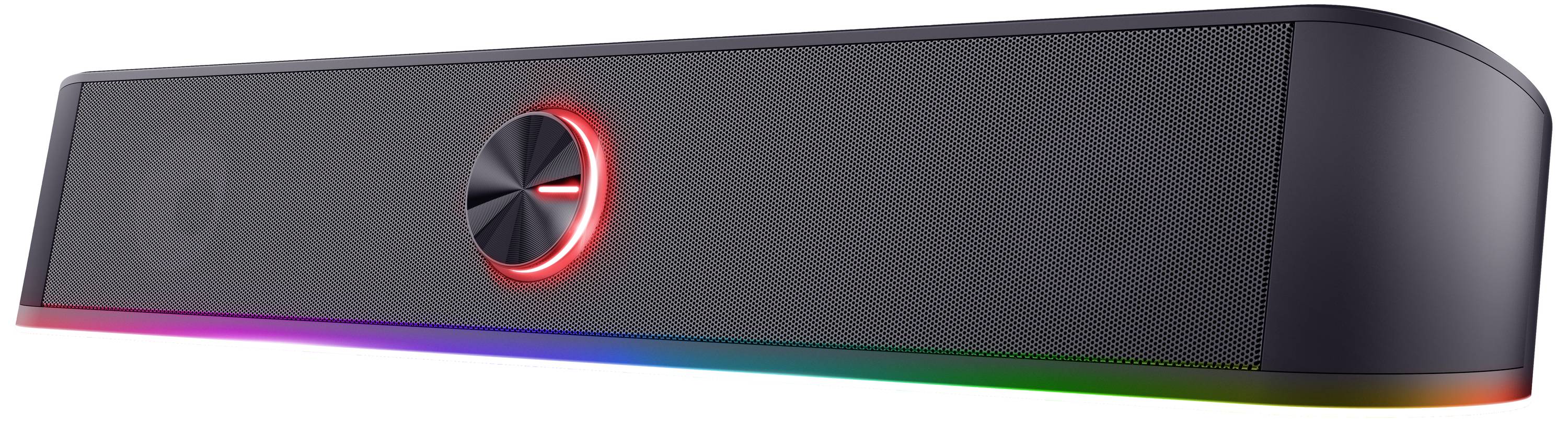 Svart soundbar-högtalare med central lysande volymkontroll och regnbågs-LED-ljuslist längs undersidan.
