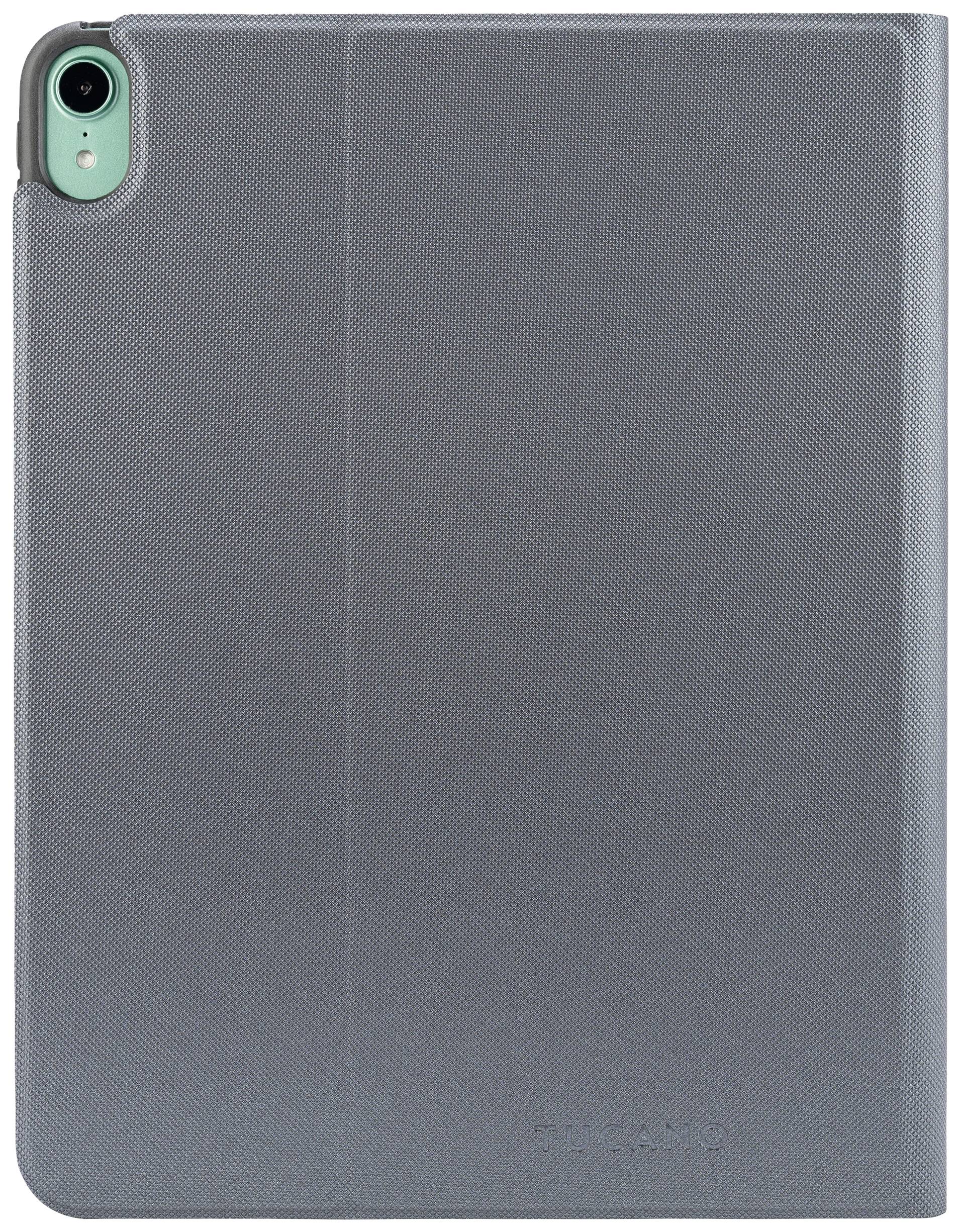 En grå, sluten surfplattefodral med synlig kameralinsa längst upp till vänster.