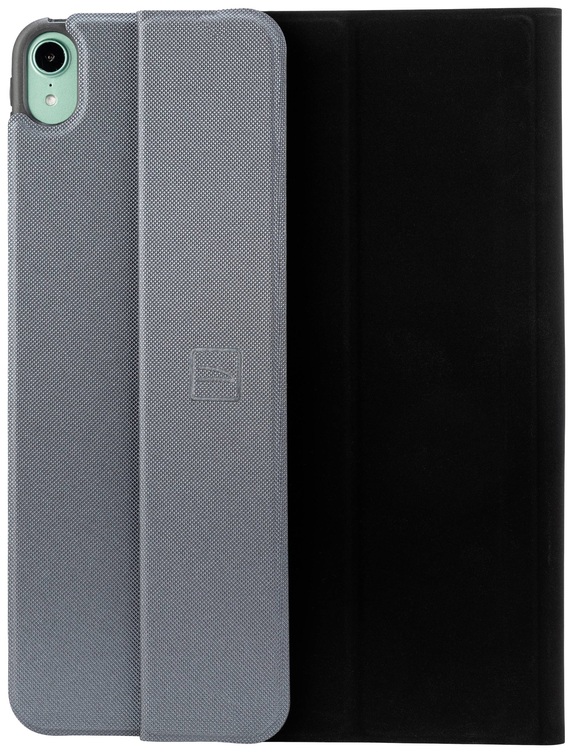 Ett grått surfplattefodral står halvöppet bredvid ett svart fodral, båda placerade stående.