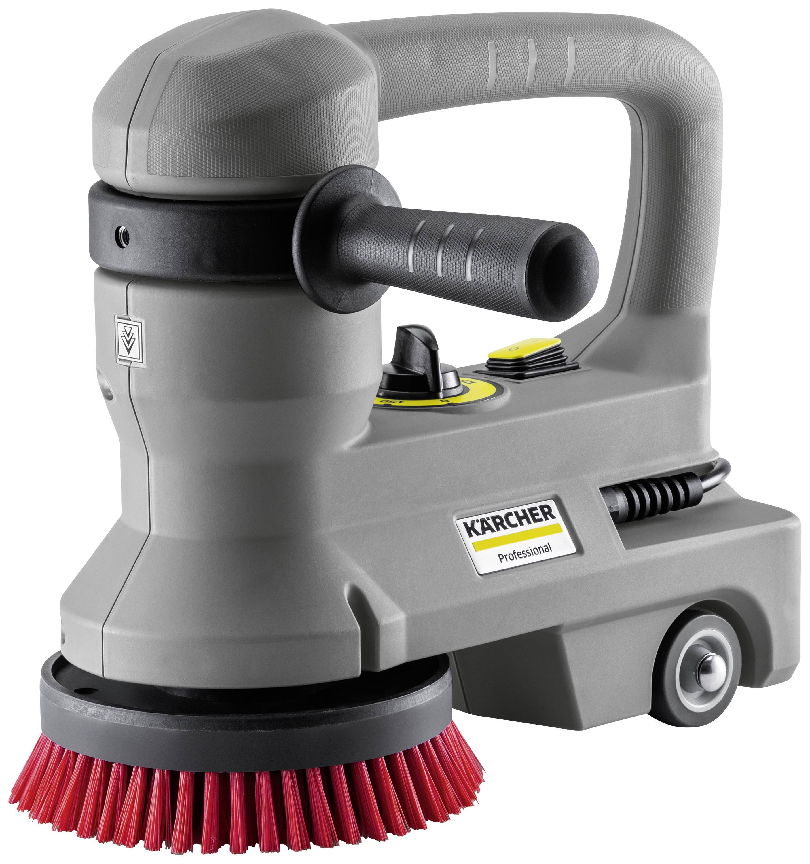 En grå, bärbar kakeltvättsugare med röd borste nedtill, ergonomiskt handtag och Kärcher-logotyp, använd för professionell rengöring.