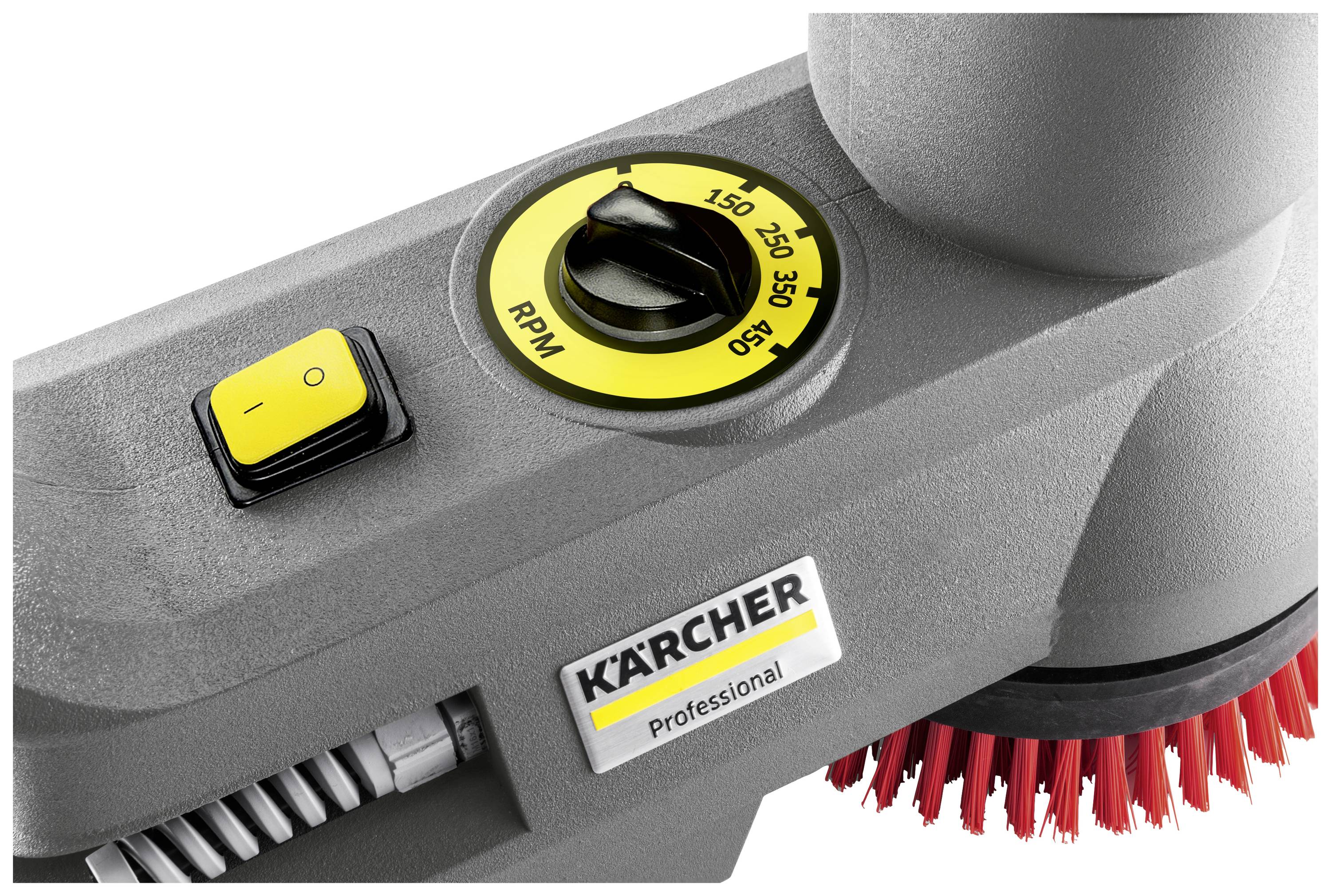 En grå rengöringsapparat från 'Kärcher' med en röd borste och vred för varvtal.