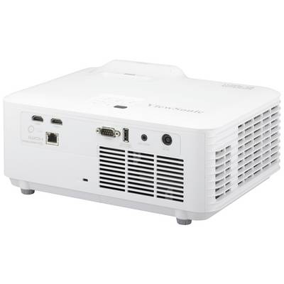 En vit projektor med flera anslutningsalternativ, inklusive HDMI, USB och Ethernet-portar, placerad på ett bord.