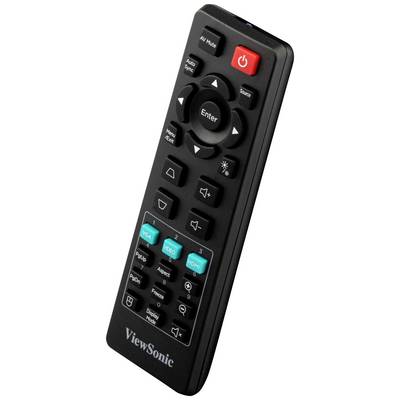 Fjärrkontroll med flera knappar, inklusive volym, ingångsval (HDMI, VGA) och meny. Märkt med 'ViewSonic'.