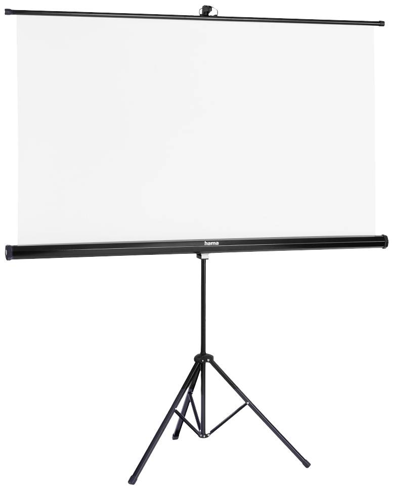 Projektorduk på ett trebent stativ, upprullad och redo för presentationer.