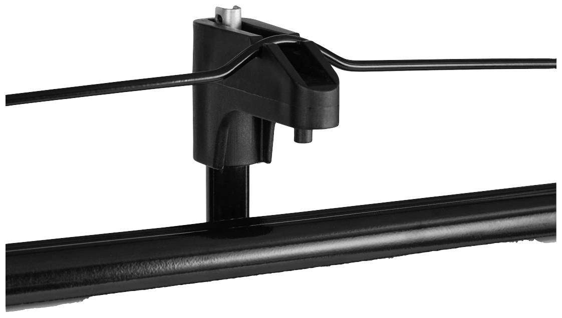 Närbild av en svart komponent från en cykelställning som visar en hävmekanism och fästen, viktig för fastsättningen.