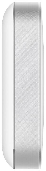 Bilden visar en sidovy av en smal, vit elektronisk enhet med avrundade kanter.