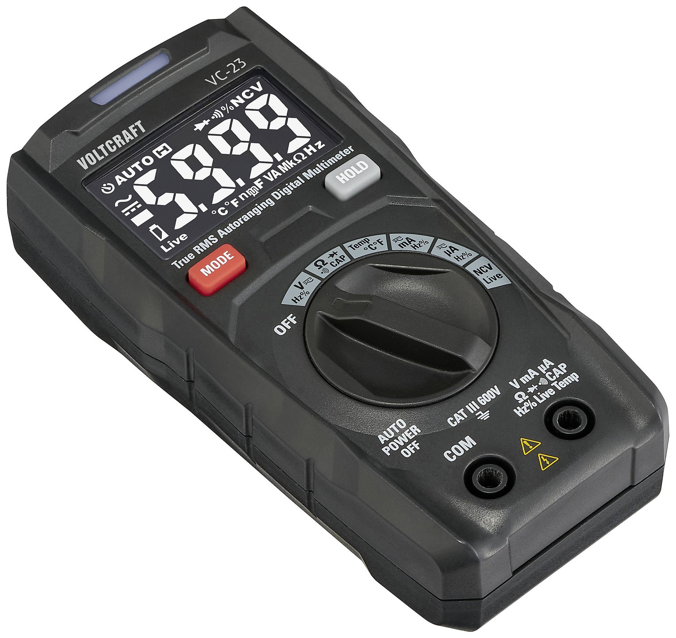 Digitalt multimeter med svart hölje. Visar '0.00' på displayen. Vridbar omkopplare för olika mätfunktioner.