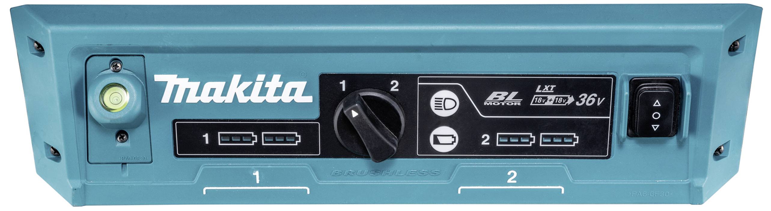 En blå elektrisk apparat med vred, displayer och 'Makita'-logotyp. Den visar batteristatus och styrfunktioner.