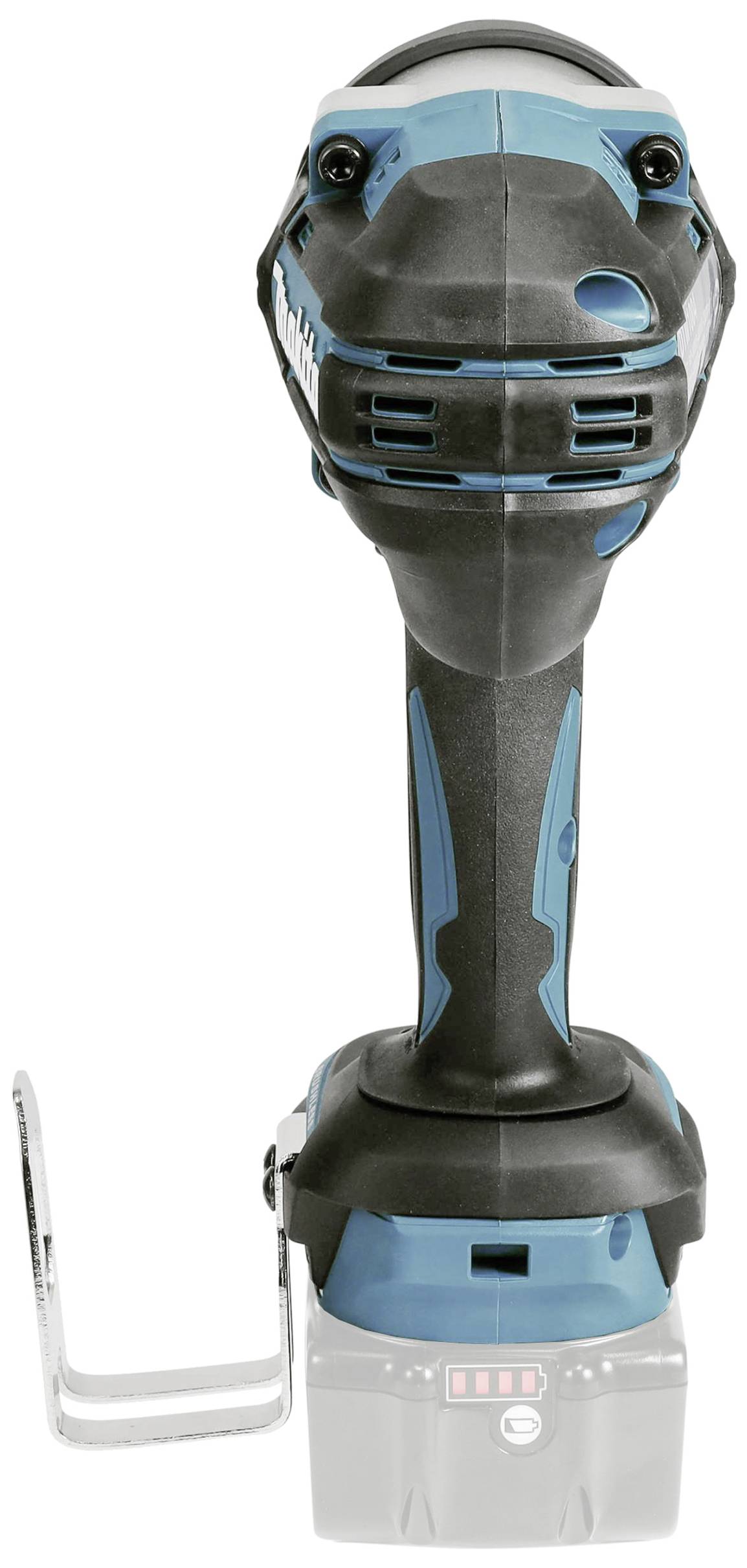 En sladdlös, blå-svart batteridriven slagskruvmejsel, stående med synligt handtag och fästkrok, utan insatt batteri.