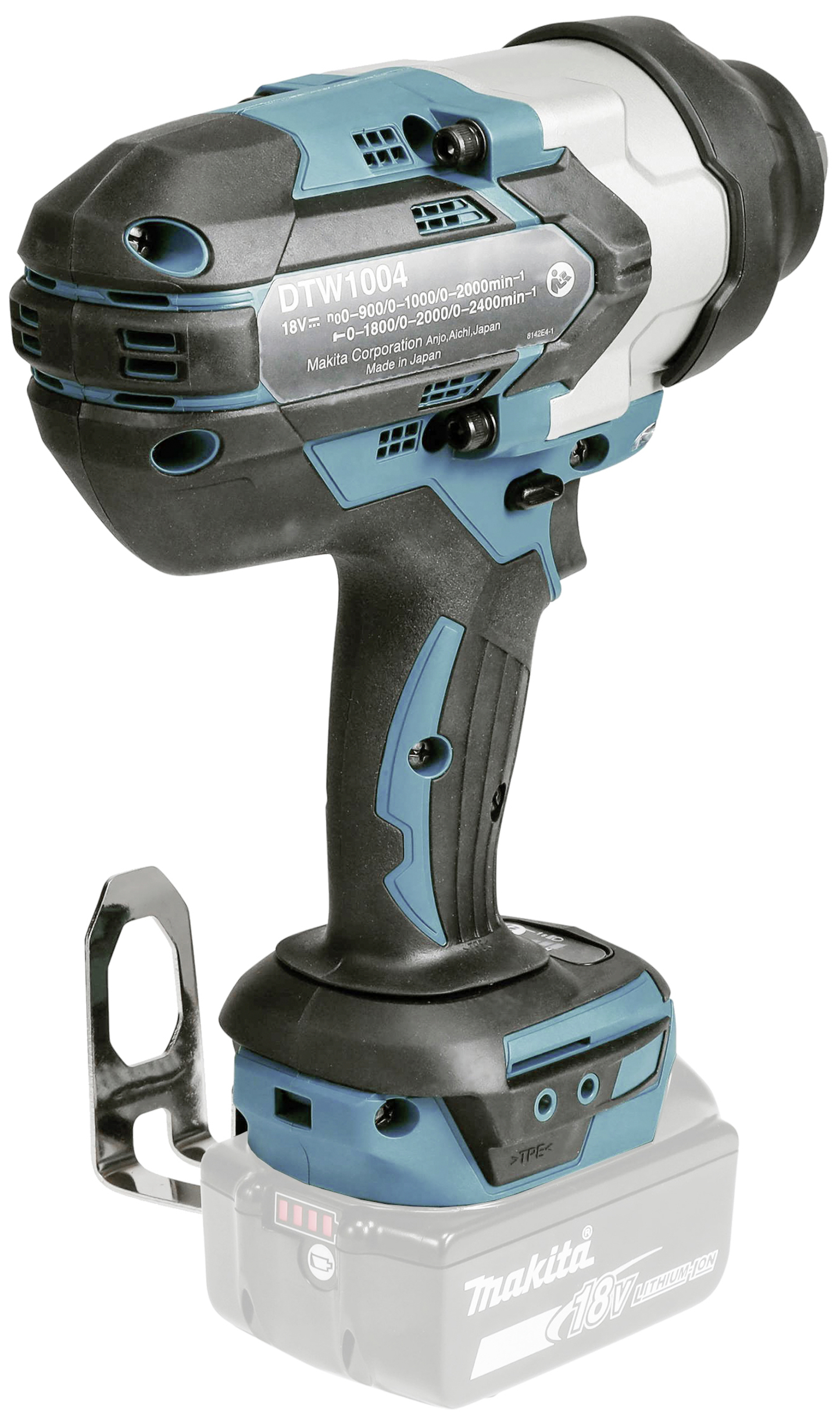 En blå och svart sladdlös slagskruvmejsel på en vit bakgrund. Enheten har ett robust hölje och ett ergonomiskt handtag.