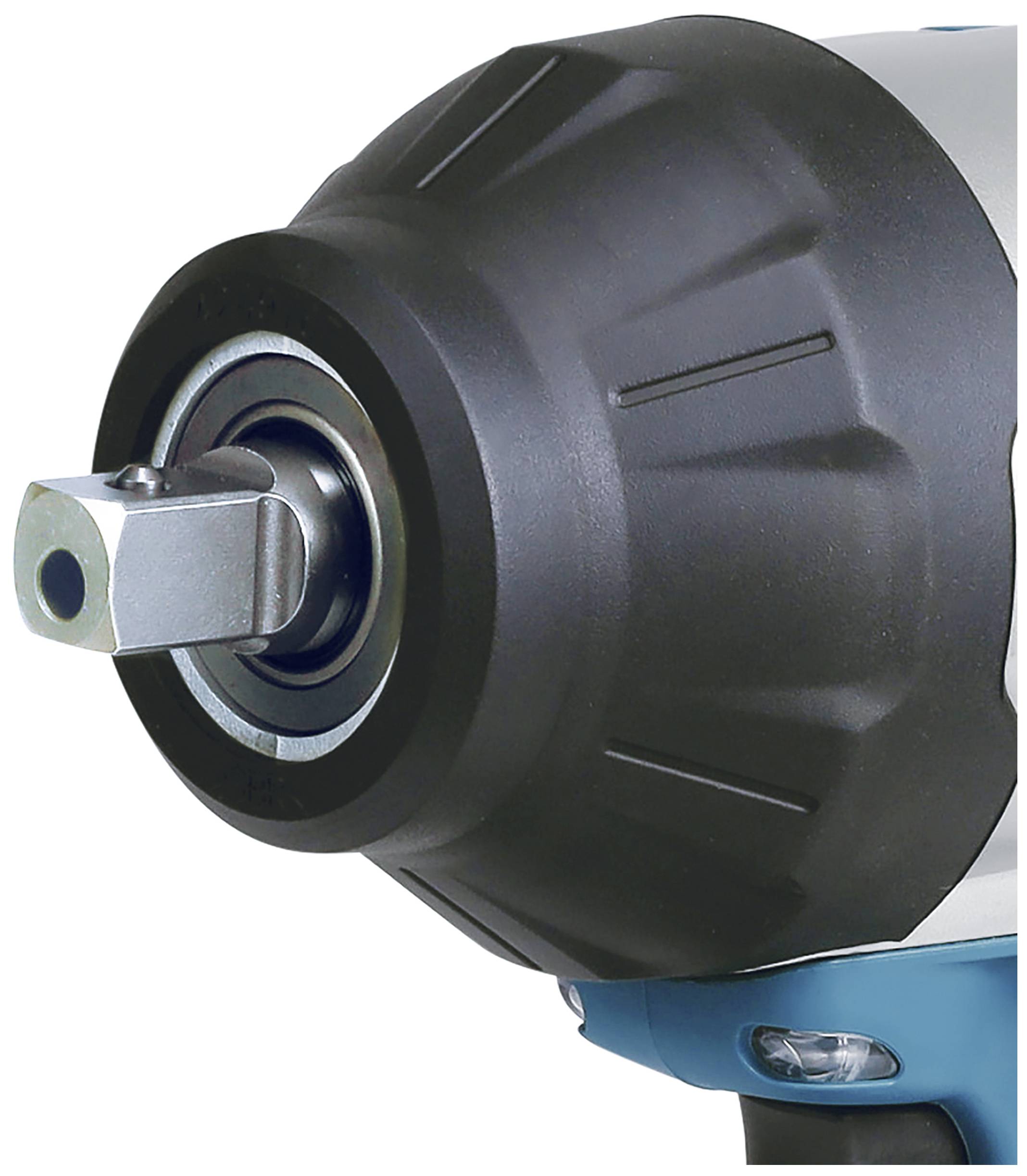 Närbild av en elektrisk slagskruvmejsel med svart skyddskåpa och metallisk fyrkantig drivaxel, avsedd för kraftfull skruvdragning.