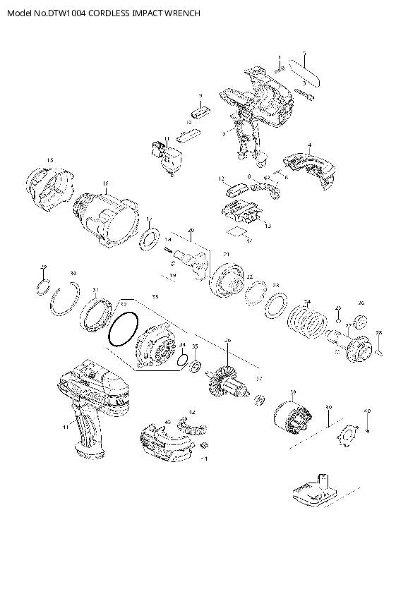 Explosionsritning av en sladdlös slagskruvmejsel med numrerade delar som är isärplockade. Modellbeteckning: DTW1004.