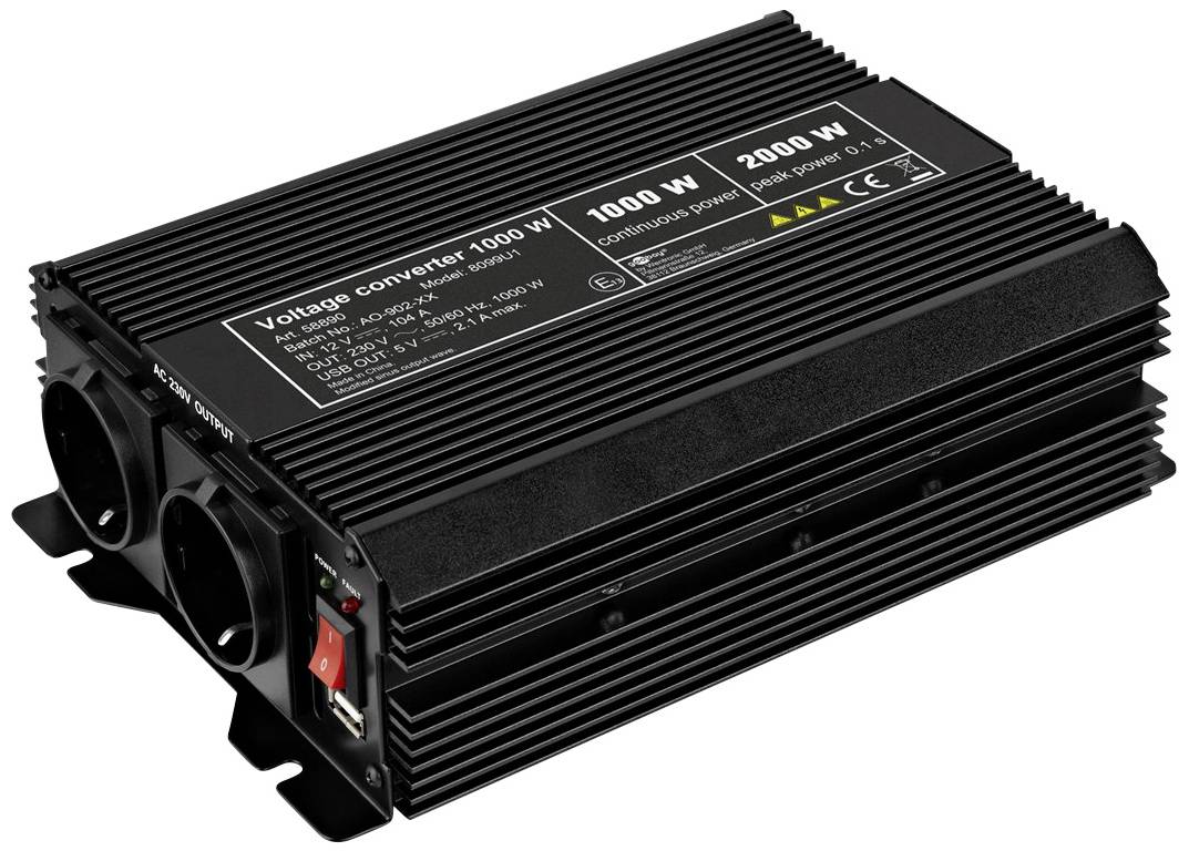 Svart spänningstransformator med två uttag och effektvisning från 1000 W till 2000 W.