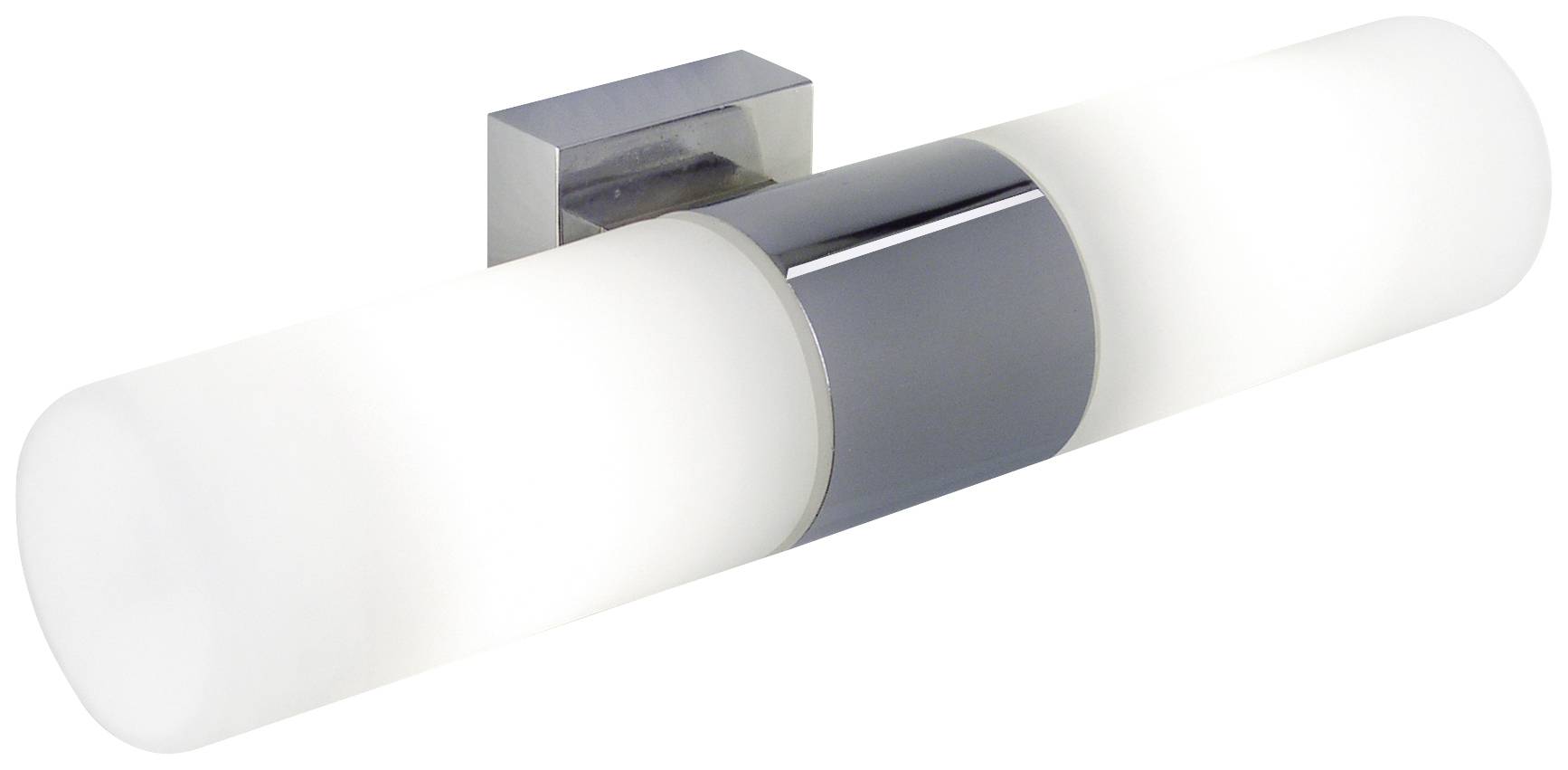 Vägglampa med cylindriska glasskärmar på båda sidor, modernt design, lämplig för badrum eller korridorbelysning.