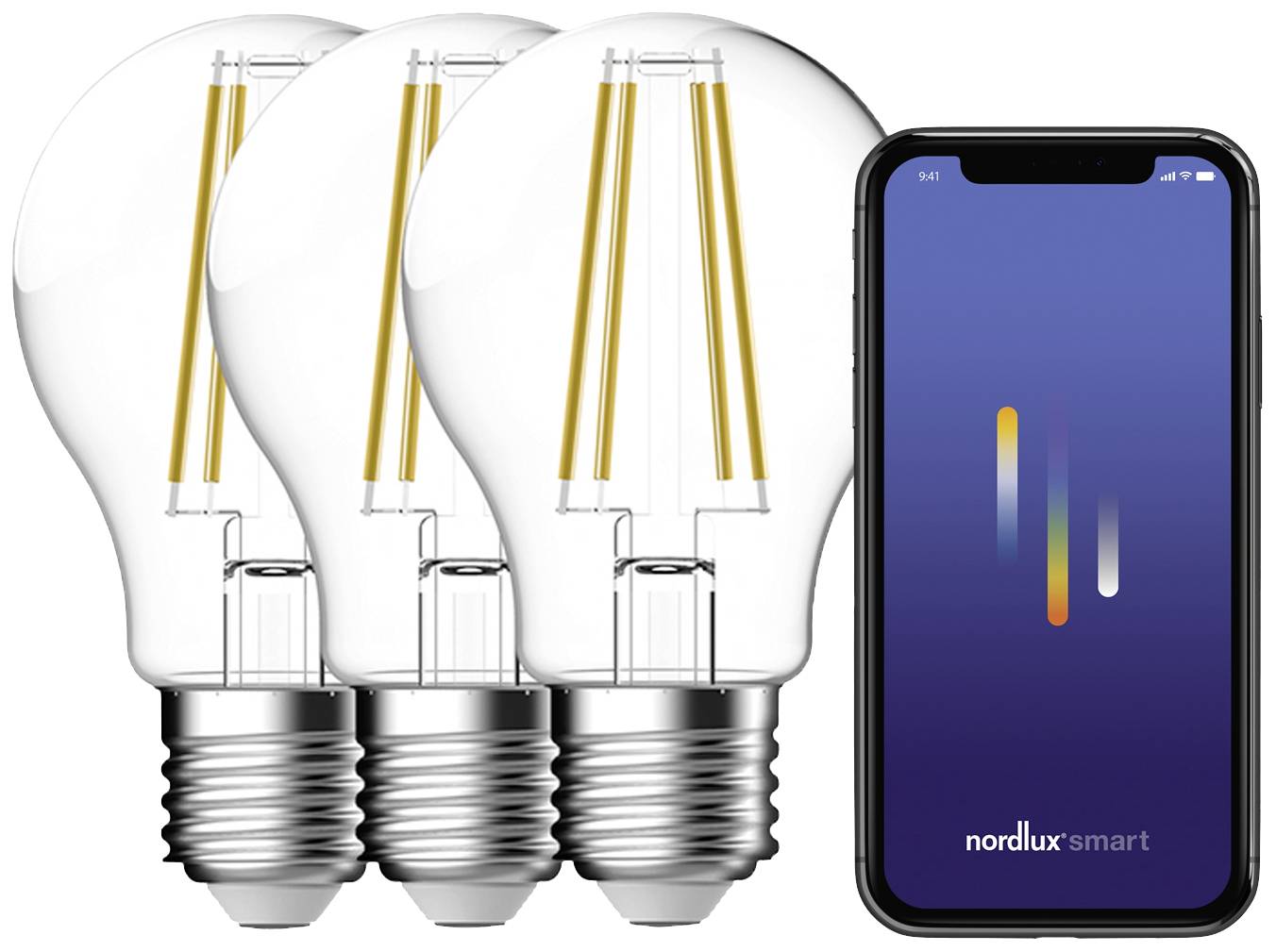 Tre LED-glödlampor bredvid en smartphone med appen "nordlux smart" på skärmen, som illustrerar intelligent styrningsteknik.