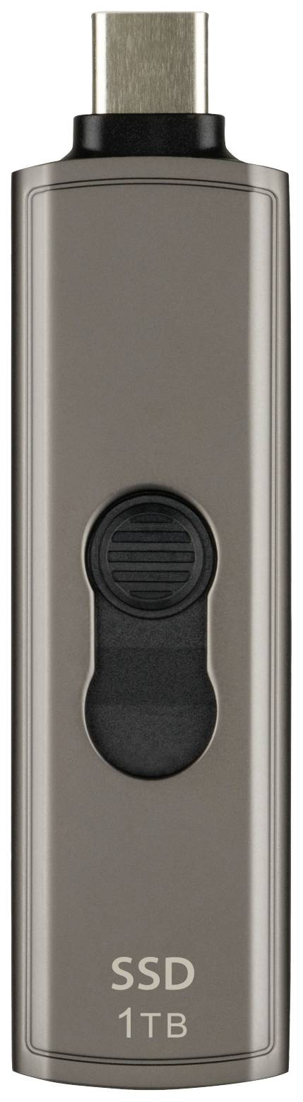 En bärbar SSD med 1 TB kapacitet och USB-C-anslutning. Höljet är tillverkat av metall och har en slank design.