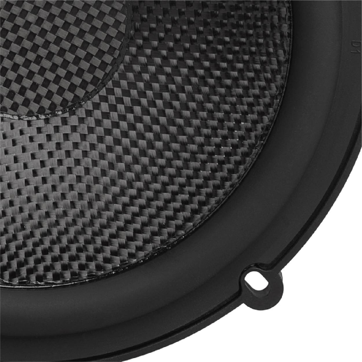 Närbild av en högtalare med en vävd membronstruktur och svart kant.