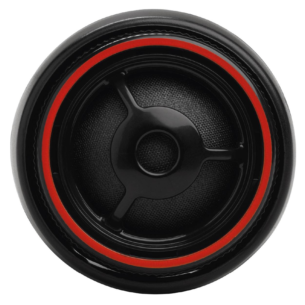 En rund, svart högtalare med röd kant.